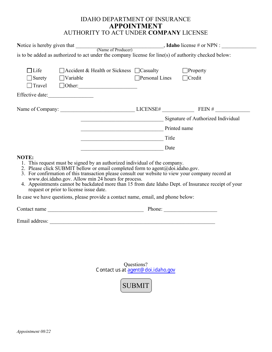 Idaho Appointment Authority to Act Under Company License Fill Out
