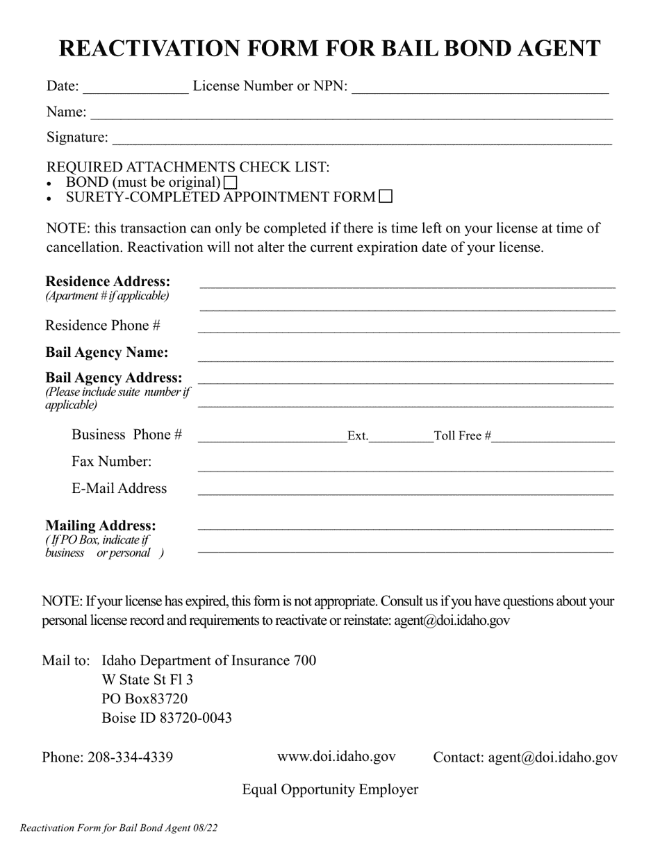 Reactivation Form for Bail Bond Agent - Idaho, Page 1