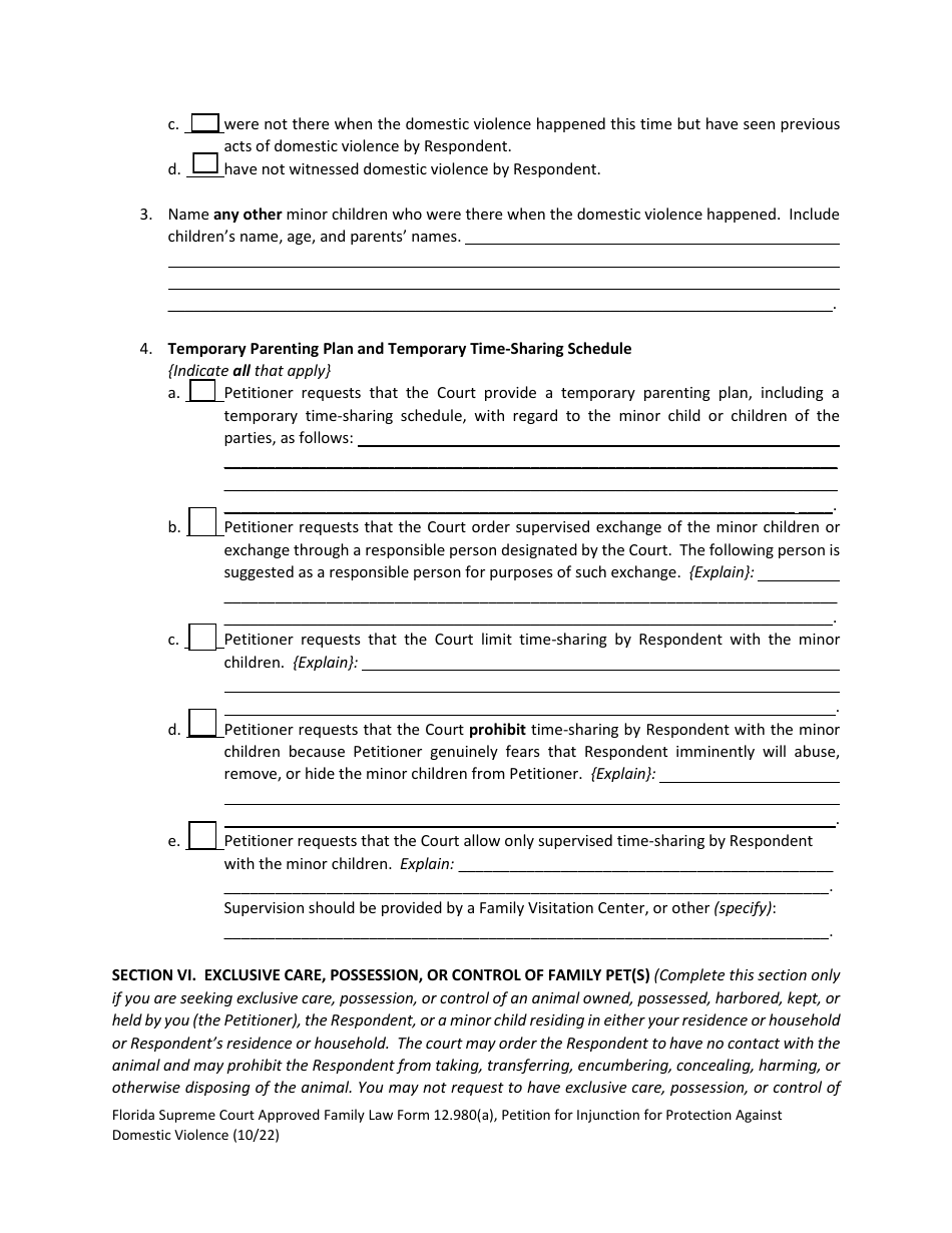 Form 12.980(A) Petition for Injunction for Protection Against Domestic Violence - Florida, Page 11