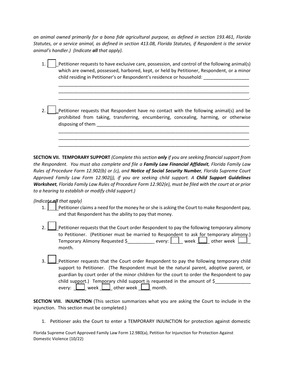 Form 12.980(A) Petition for Injunction for Protection Against Domestic Violence - Florida, Page 12