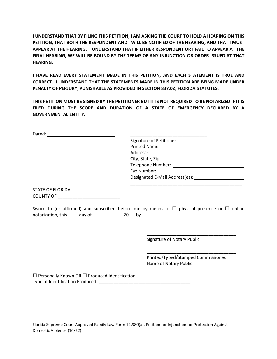 Form 12.980(A) Petition for Injunction for Protection Against Domestic Violence - Florida, Page 14