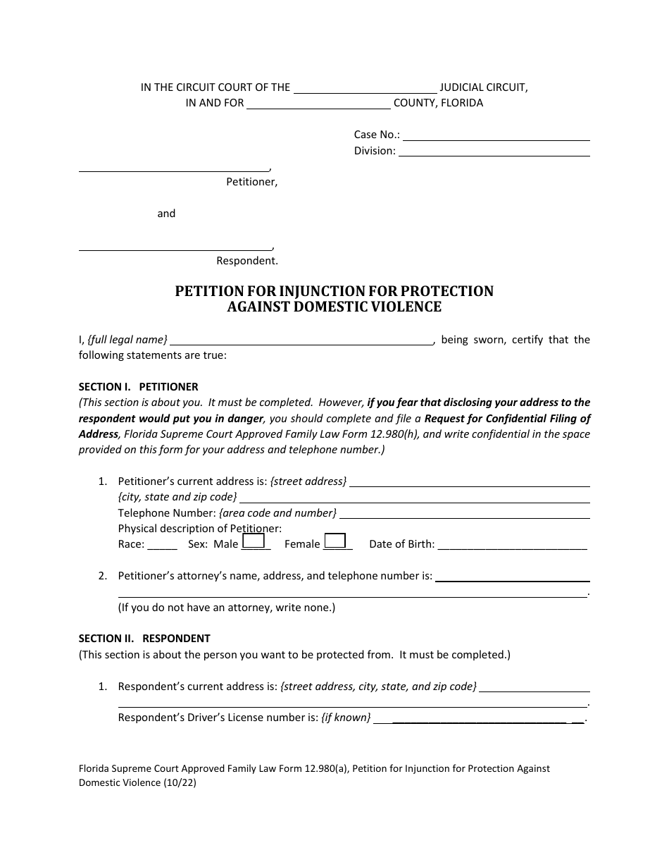 Form 12.980(A) Petition for Injunction for Protection Against Domestic Violence - Florida, Page 6
