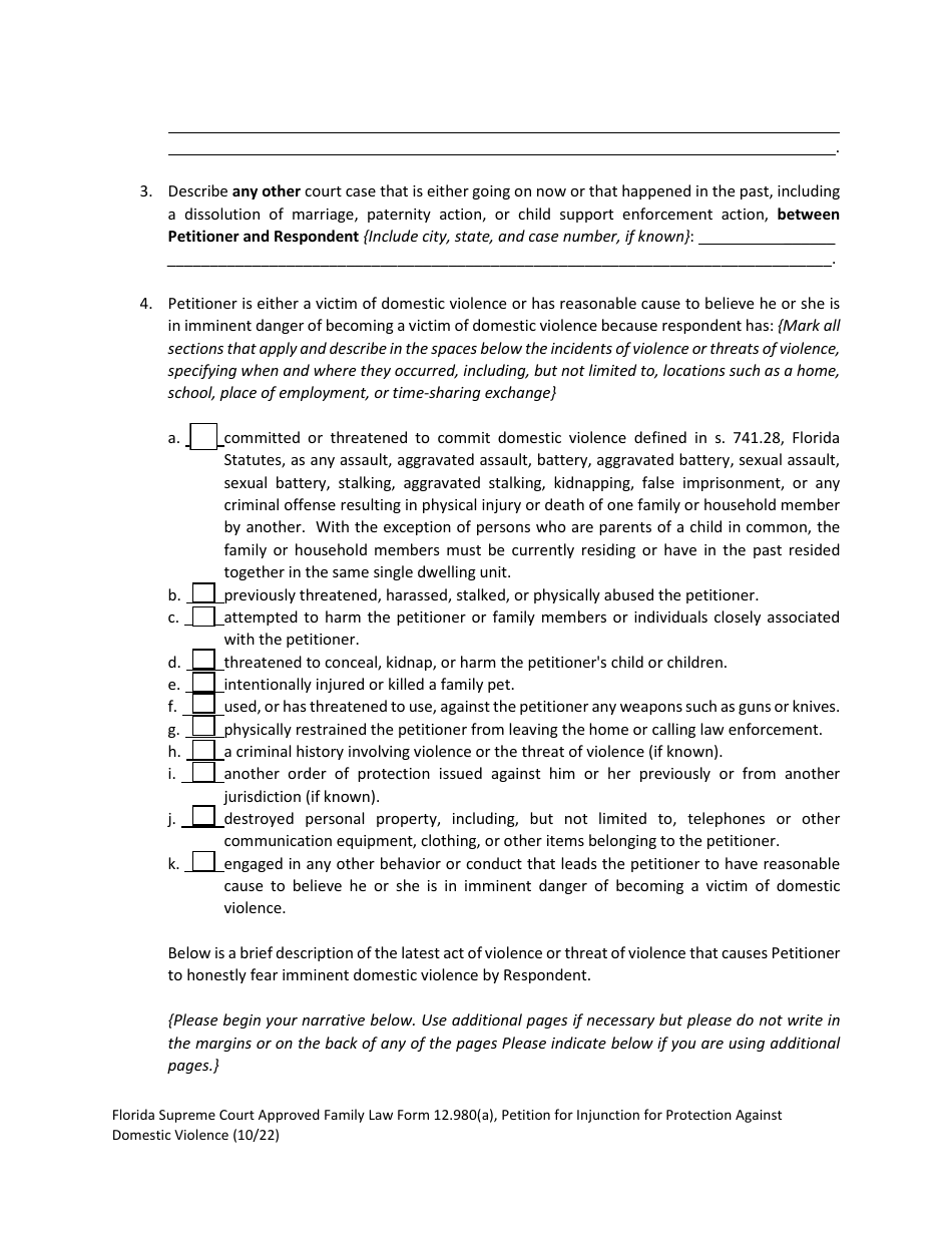 Form 12.980(A) Petition for Injunction for Protection Against Domestic Violence - Florida, Page 8