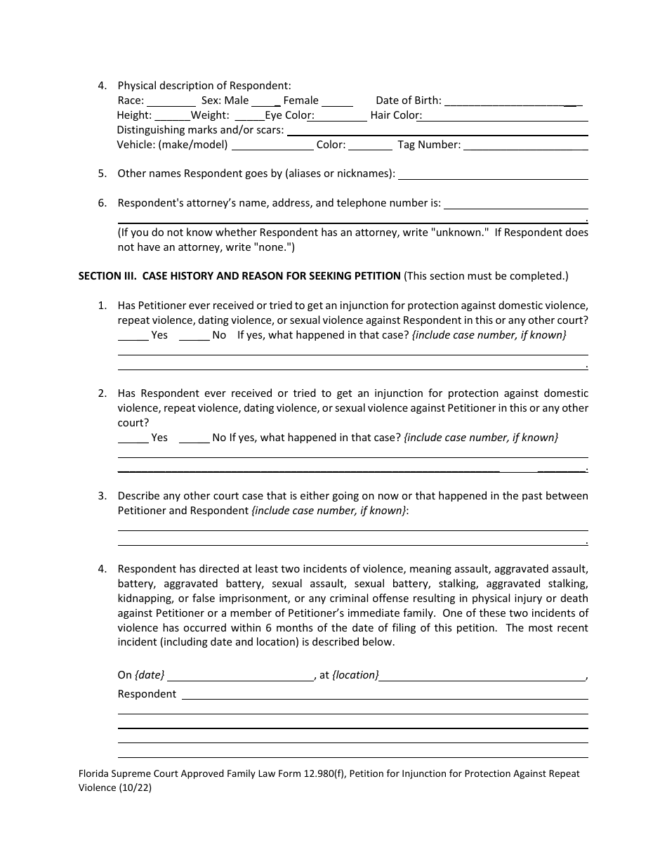 Form 12.980(F) Petition for Injunction for Protection Against Repeat Violence - Florida, Page 5