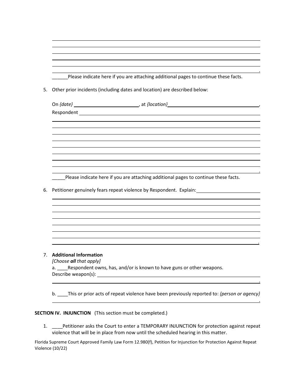 Form 12.980(F) Petition for Injunction for Protection Against Repeat Violence - Florida, Page 6