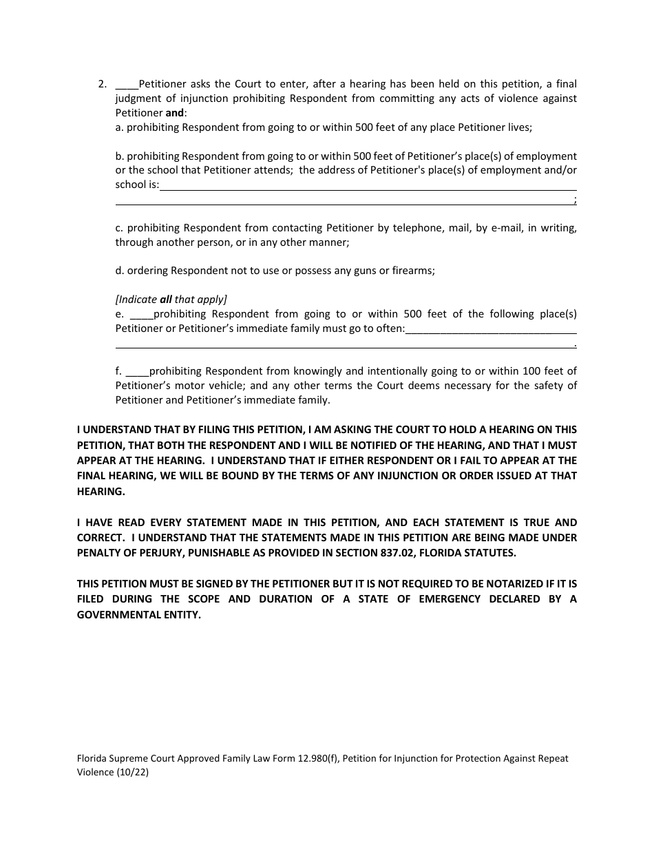 Form 12.980(F) Petition for Injunction for Protection Against Repeat Violence - Florida, Page 7