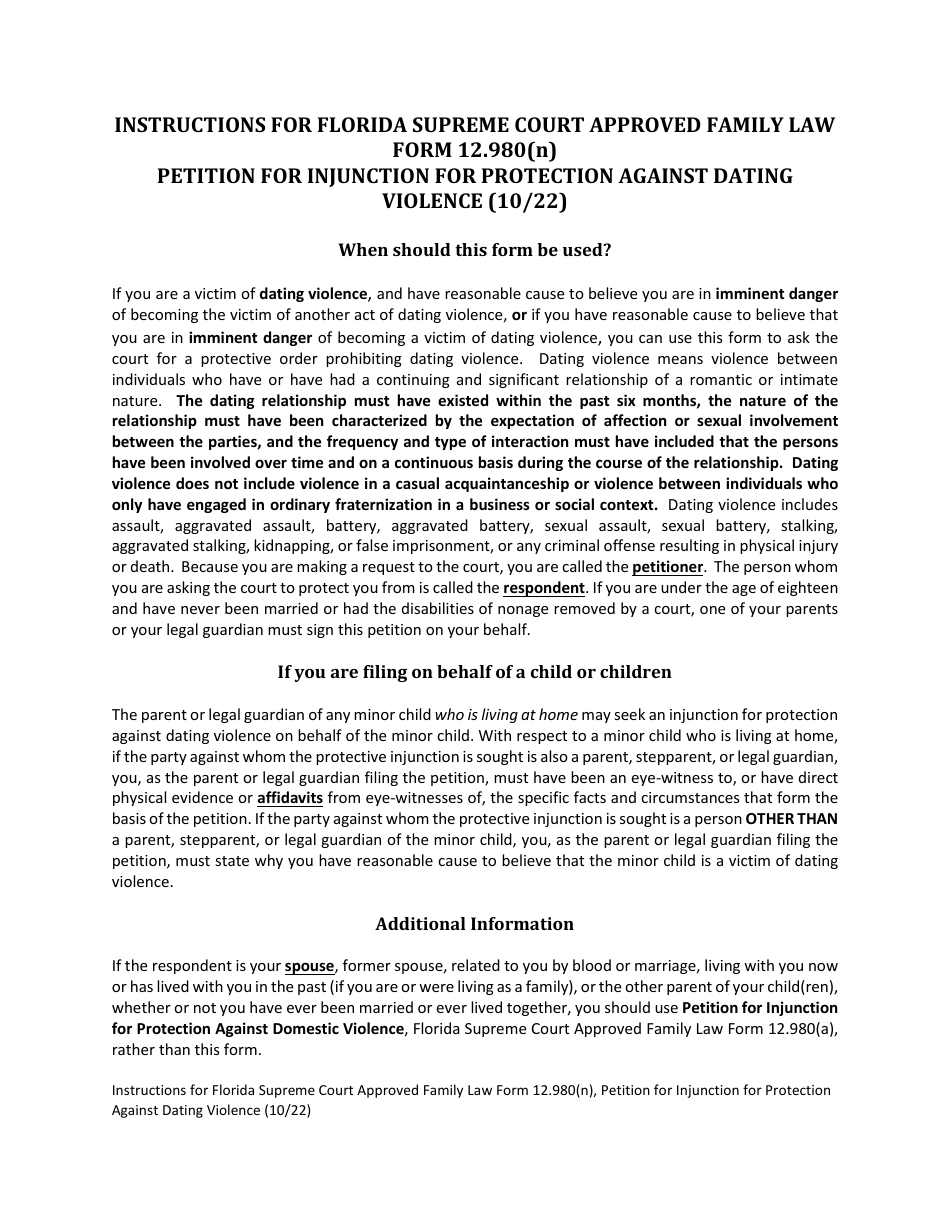 Form 12.980(N) Petition for Injunction for Protection Against Dating Violence - Florida, Page 1