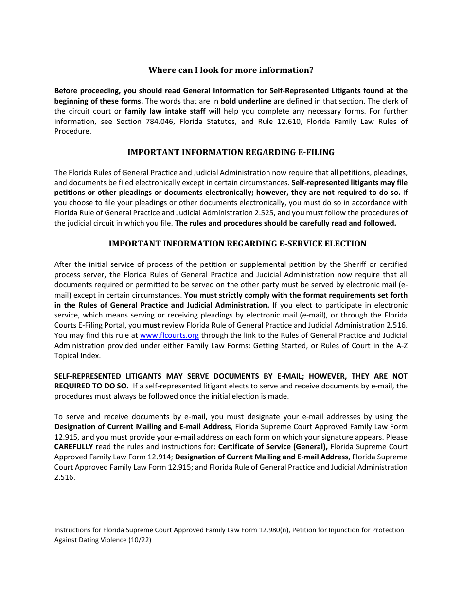 Form 12.980(N) Petition for Injunction for Protection Against Dating Violence - Florida, Page 3