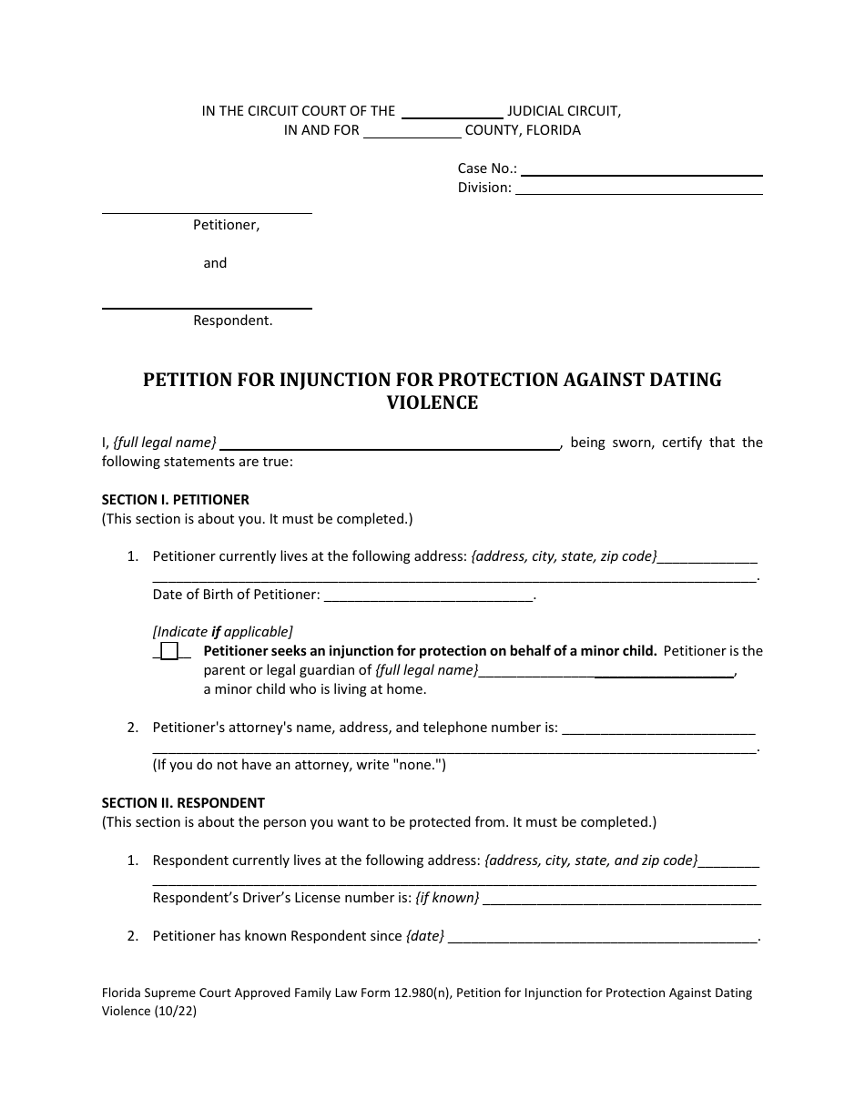Form 12.980(N) Petition for Injunction for Protection Against Dating Violence - Florida, Page 4