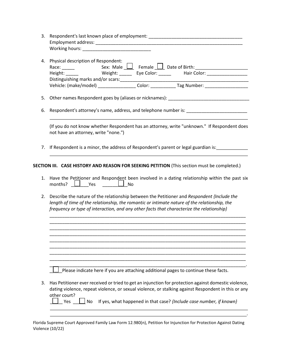 Form 12.980(N) Petition for Injunction for Protection Against Dating Violence - Florida, Page 5