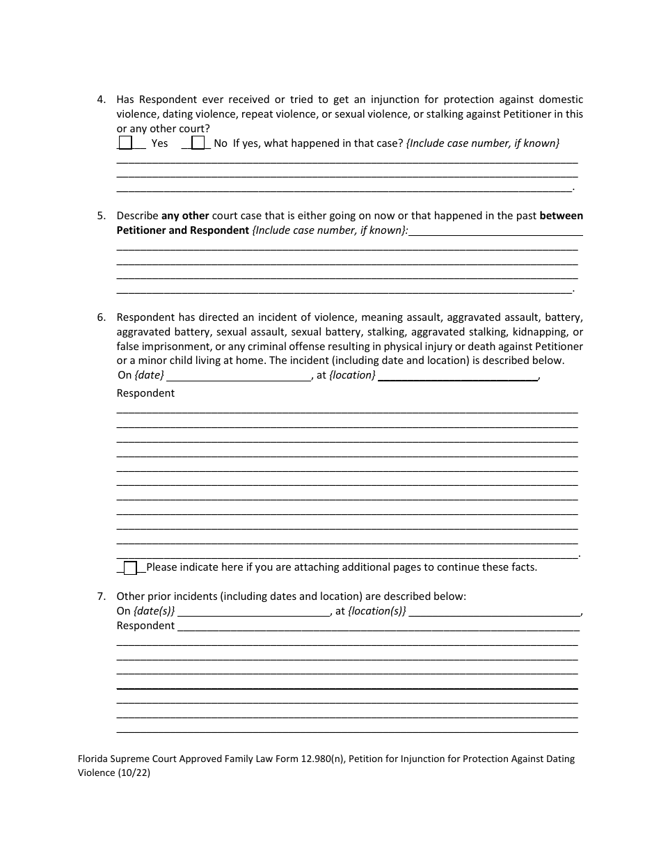 Form 12.980(N) Petition for Injunction for Protection Against Dating Violence - Florida, Page 6