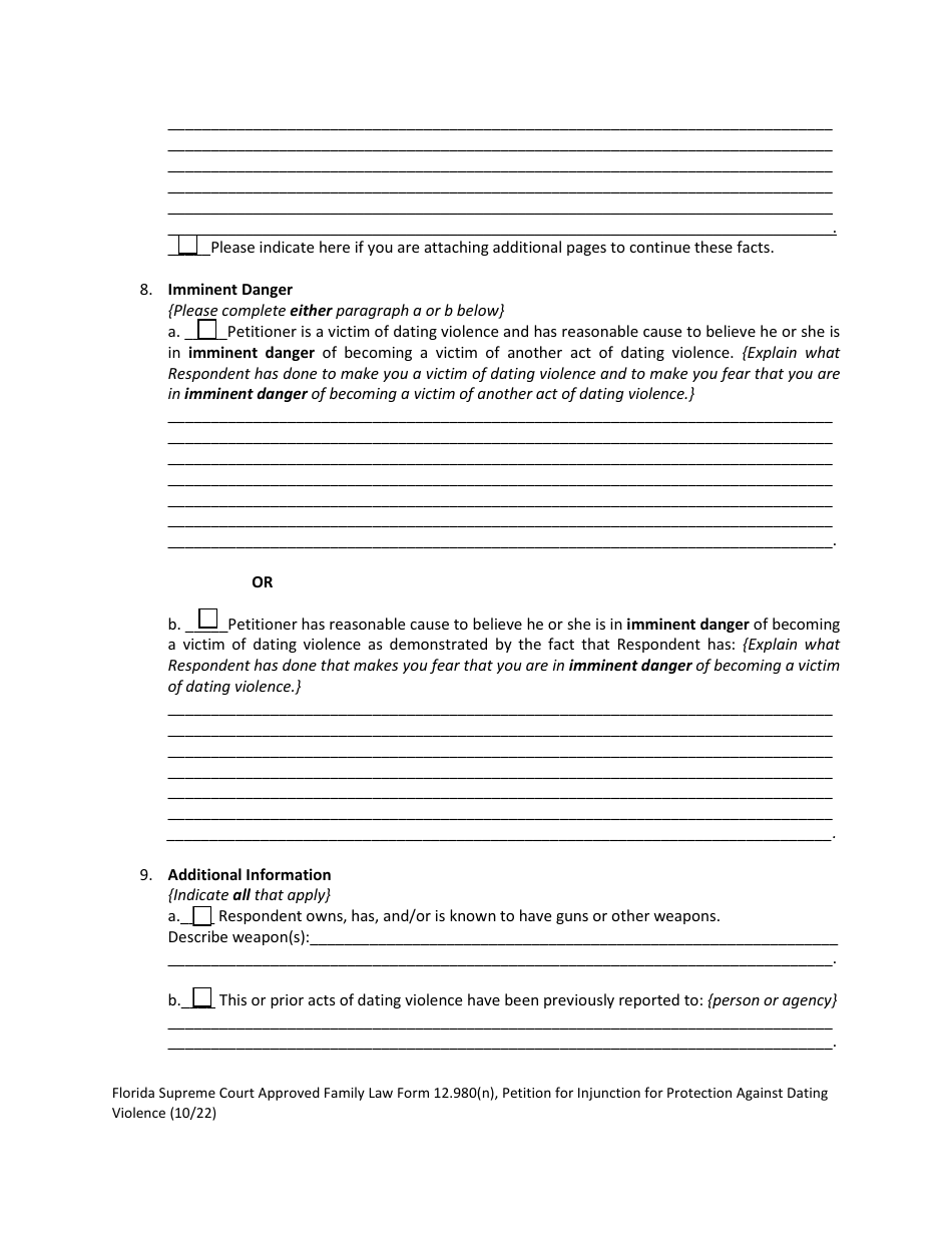 Form 12.980(N) Petition for Injunction for Protection Against Dating Violence - Florida, Page 7