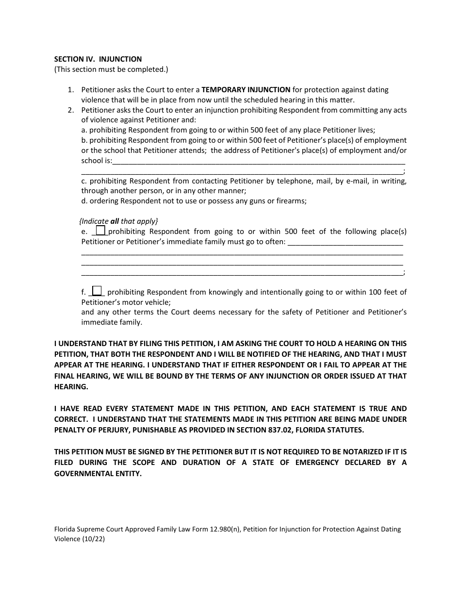Form 12.980(N) Petition for Injunction for Protection Against Dating Violence - Florida, Page 8