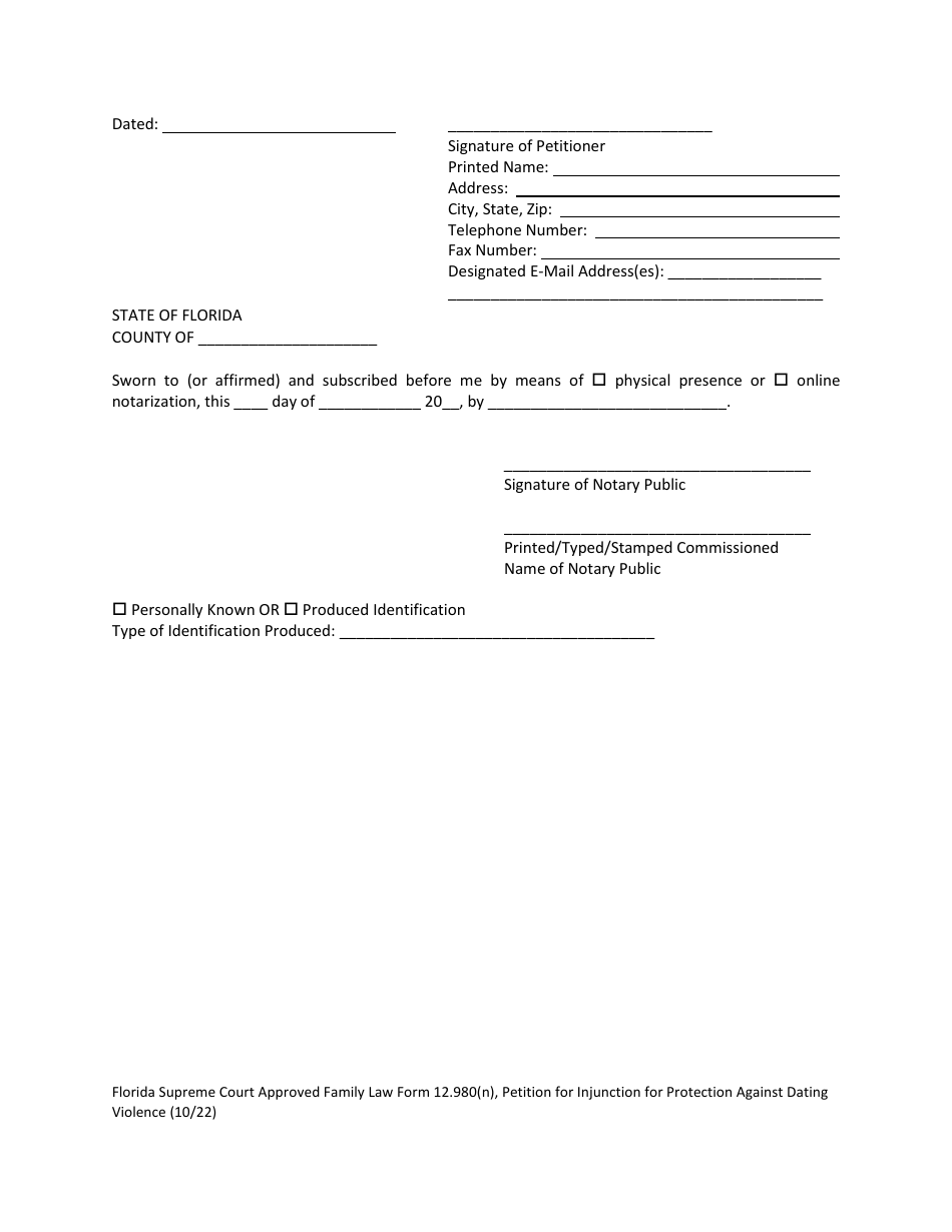 Form 12.980(N) Petition for Injunction for Protection Against Dating Violence - Florida, Page 9