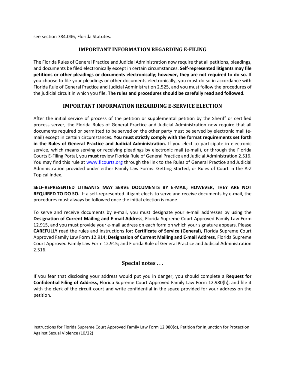 Form 12.980(Q) Petition for Injunction for Protection Against Sexual Violence - Florida, Page 3