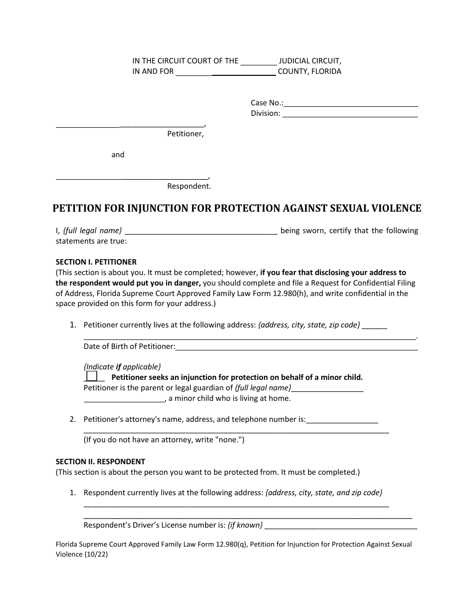 Form 12.980(Q) Petition for Injunction for Protection Against Sexual Violence - Florida, Page 4
