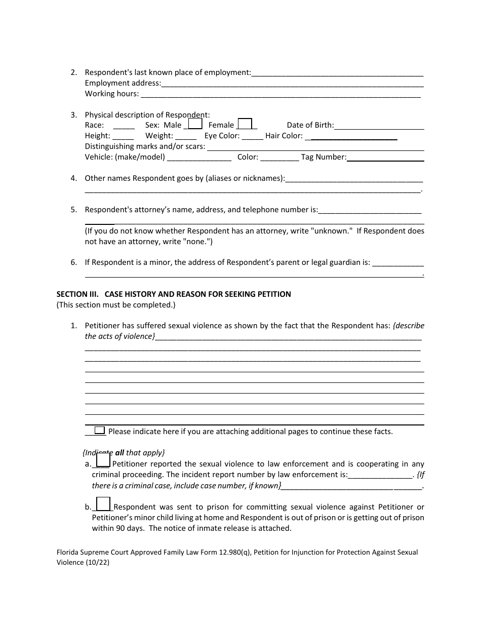 Form 12.980(Q) Petition for Injunction for Protection Against Sexual Violence - Florida, Page 5
