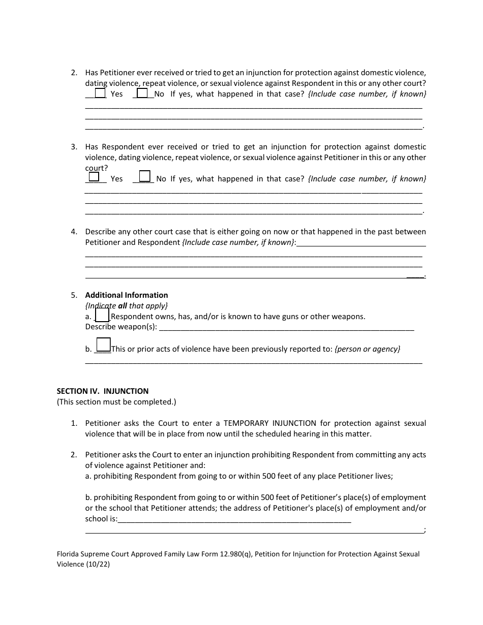 Form 12.980(Q) Petition for Injunction for Protection Against Sexual Violence - Florida, Page 6