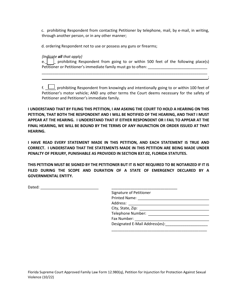 Form 12.980(Q) Petition for Injunction for Protection Against Sexual Violence - Florida, Page 7