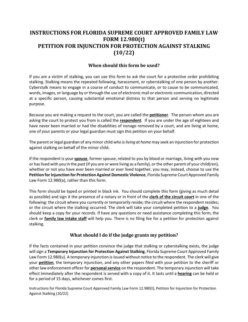 Form 12.980(T) Petition for Injunction for Protection Against Stalking - Florida, Page 1