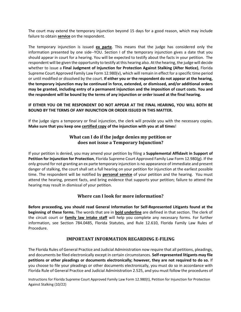 Form 12.980(T) Petition for Injunction for Protection Against Stalking - Florida, Page 2