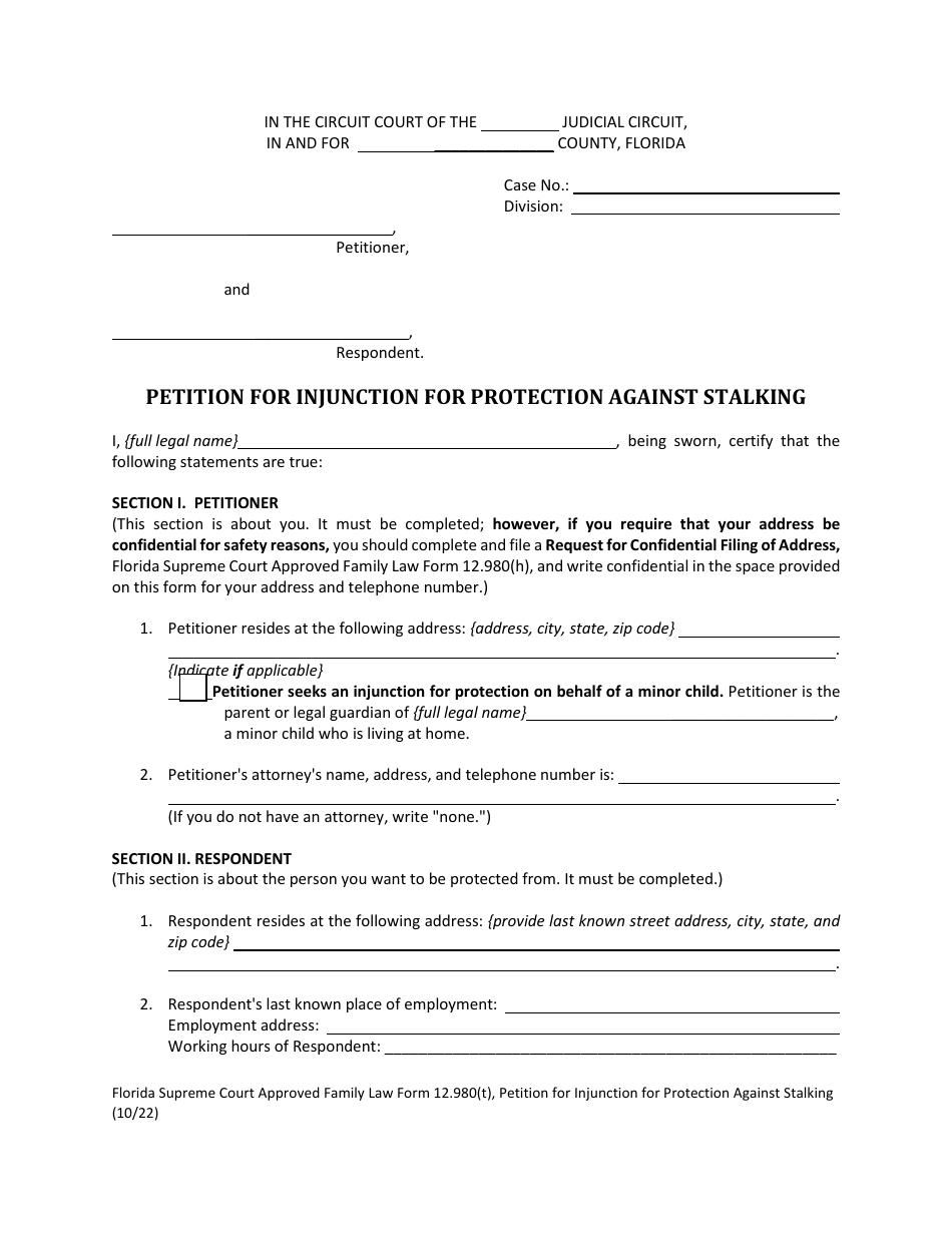 Form 12.980(T) Petition for Injunction for Protection Against Stalking - Florida, Page 4