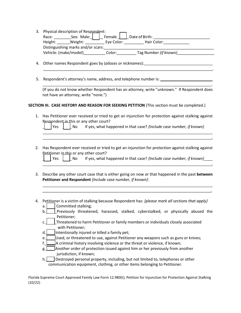 Form 12.980(T) Petition for Injunction for Protection Against Stalking - Florida, Page 5