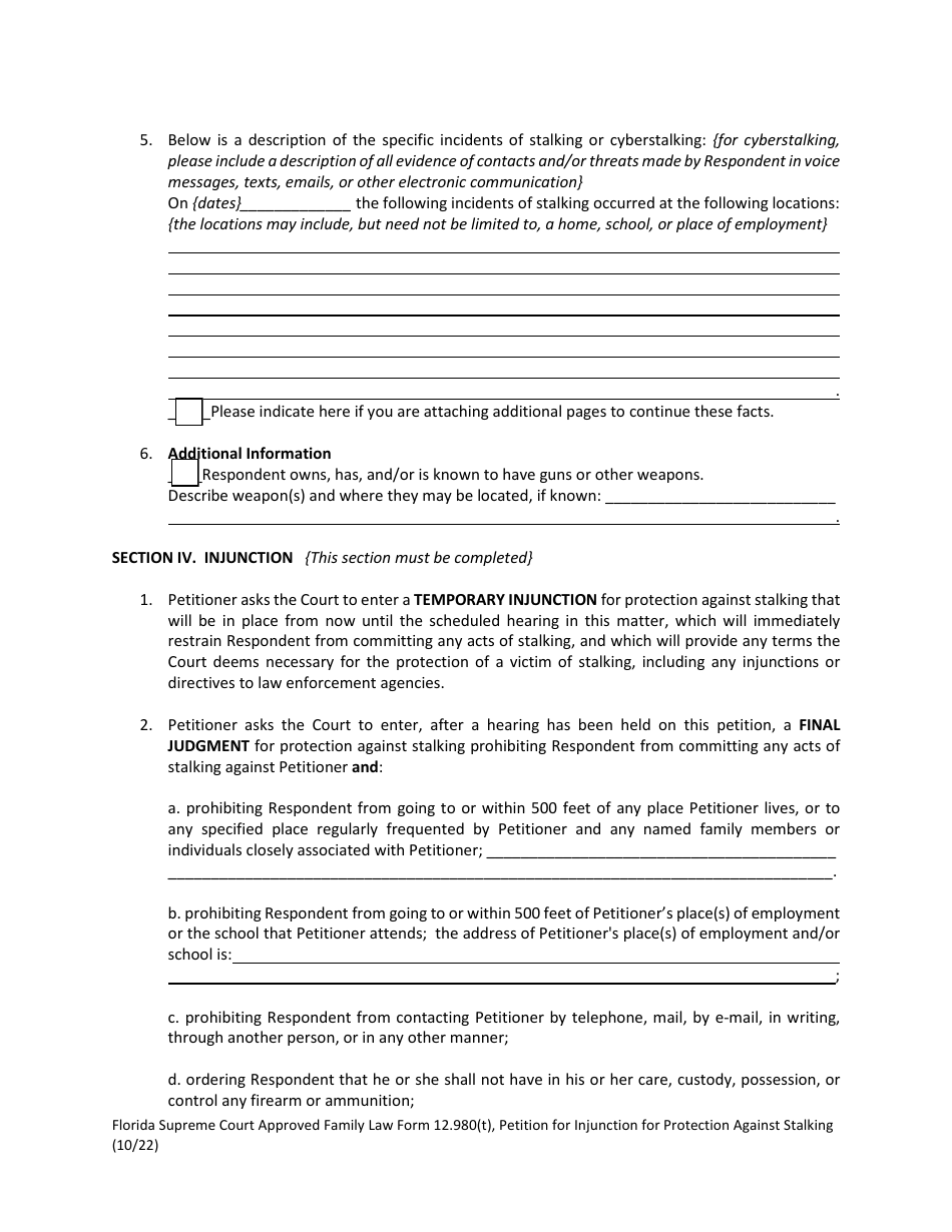 Form 12.980(T) Petition for Injunction for Protection Against Stalking - Florida, Page 6
