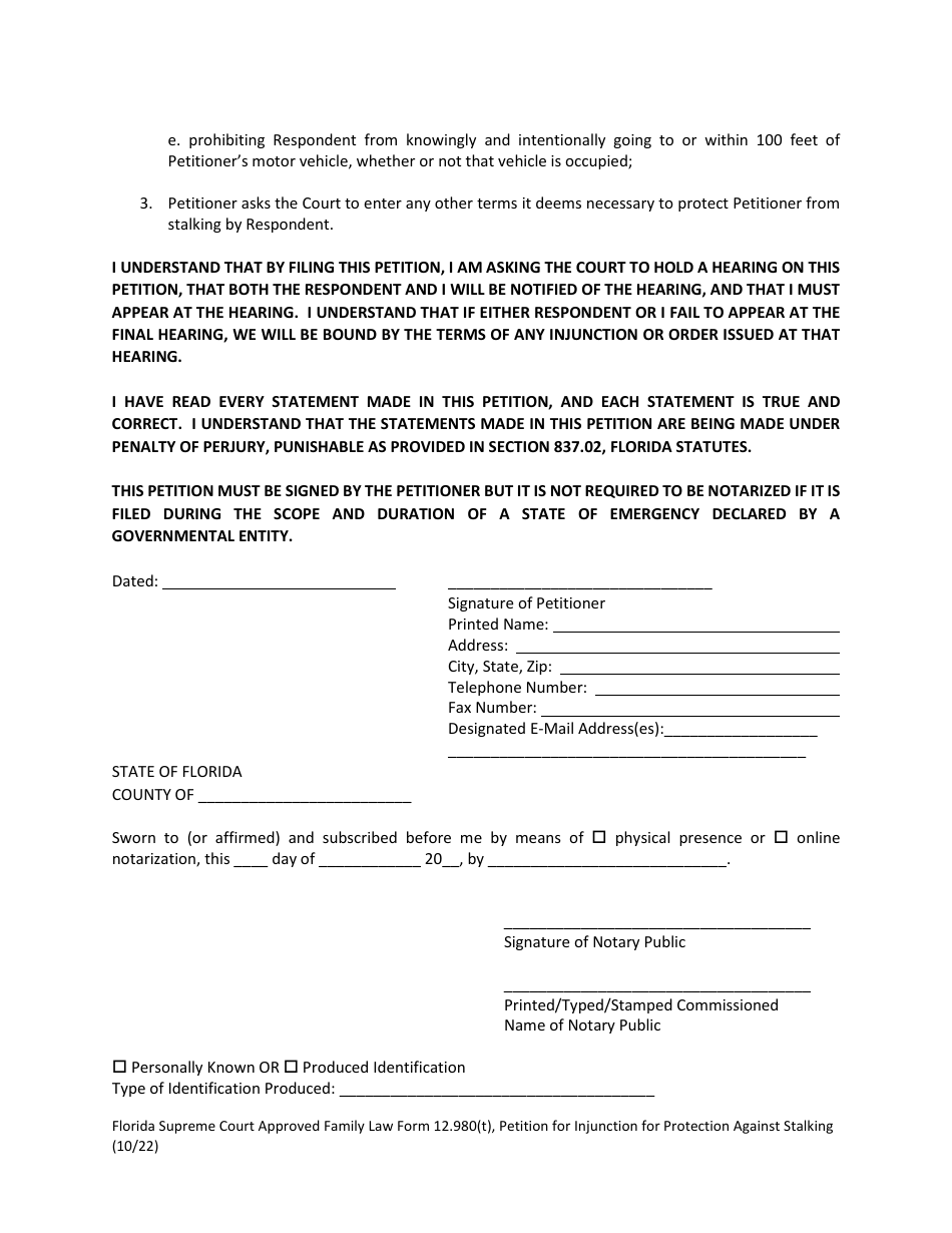 Form 12.980(T) Petition for Injunction for Protection Against Stalking - Florida, Page 7