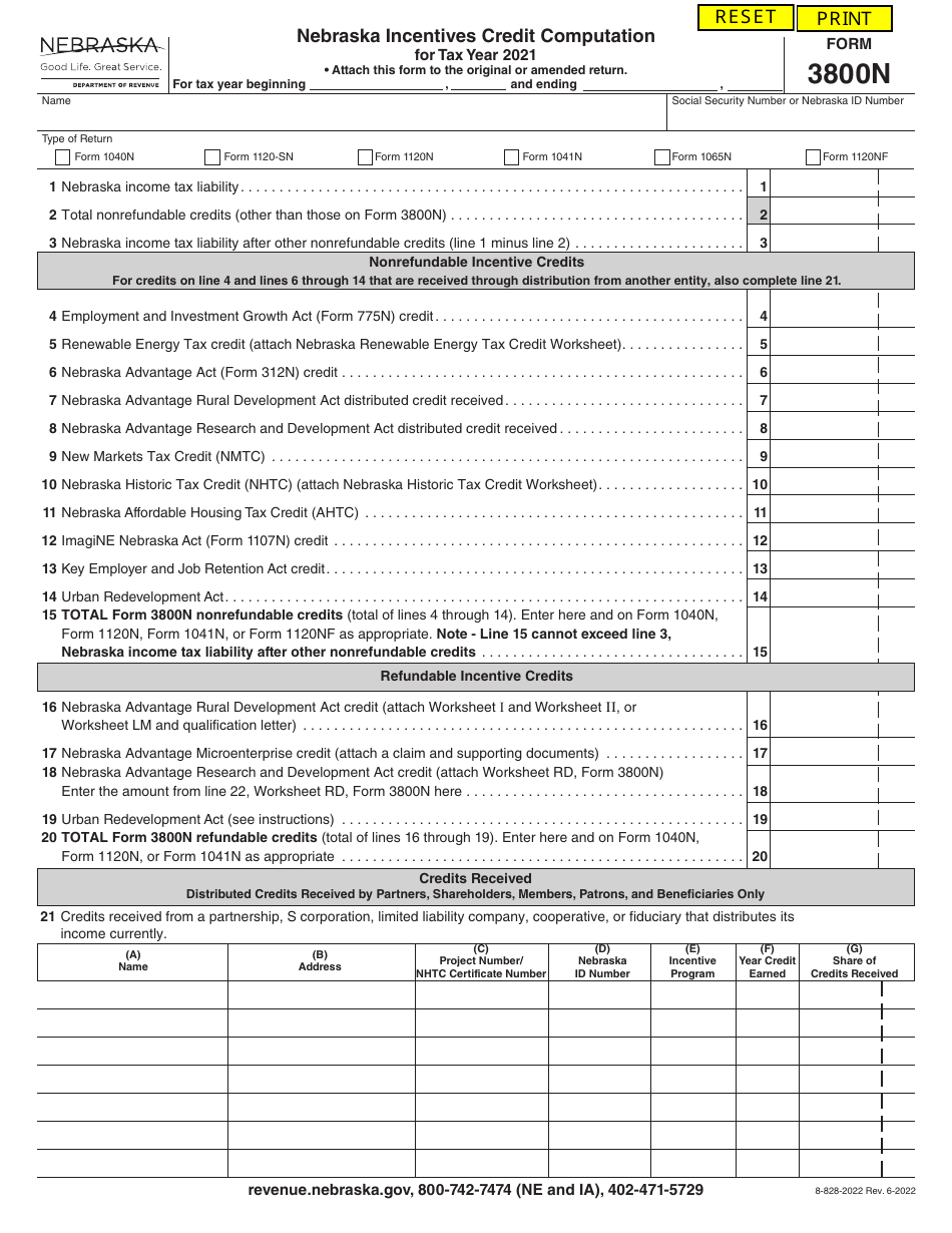 Form 3800N Nebraska Incentives Credit Computation - Nebraska, Page 1