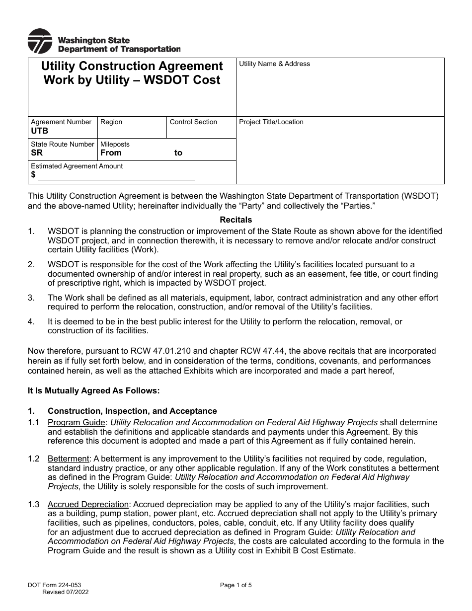 DOT Form 224-053 Utility Construction Agreement Work by Utility - Wsdot Cost - Washington, Page 1