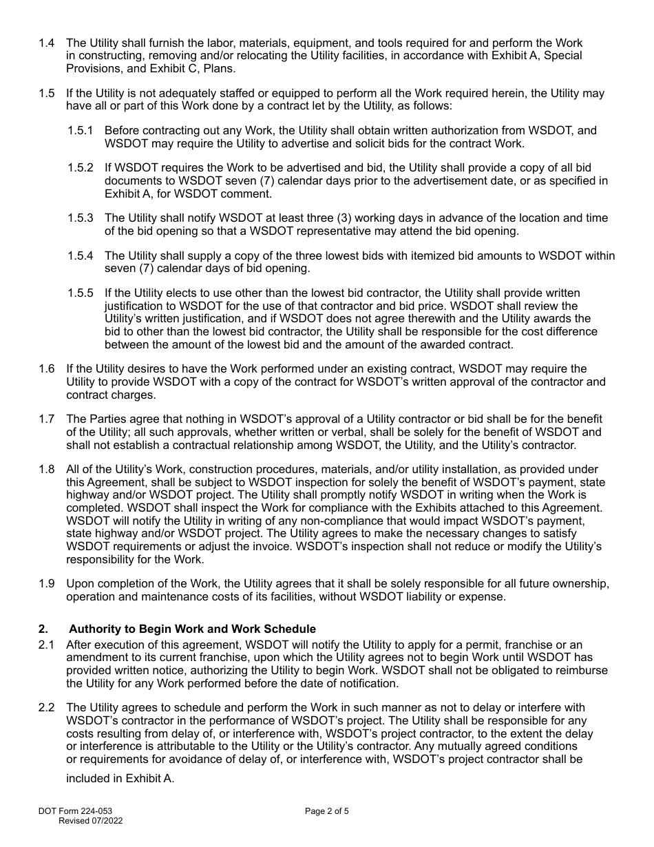 DOT Form 224-053 Utility Construction Agreement Work by Utility - Wsdot Cost - Washington, Page 2