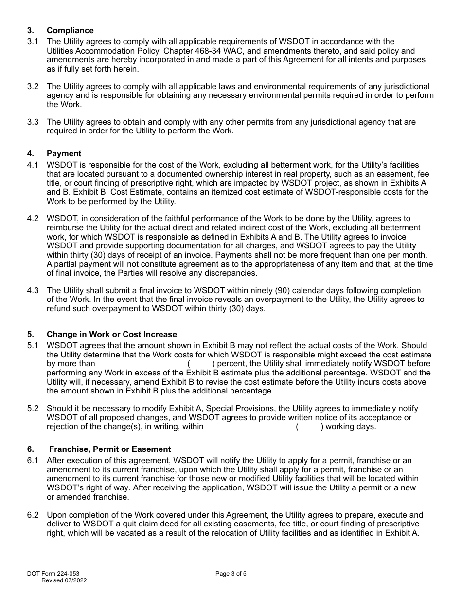 DOT Form 224-053 Utility Construction Agreement Work by Utility - Wsdot Cost - Washington, Page 3