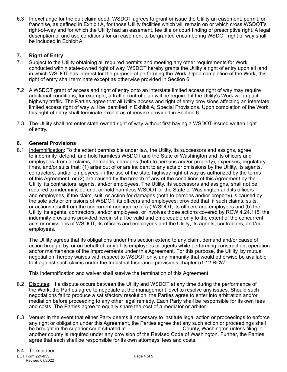 DOT Form 224-053 Utility Construction Agreement Work by Utility - Wsdot Cost - Washington, Page 4