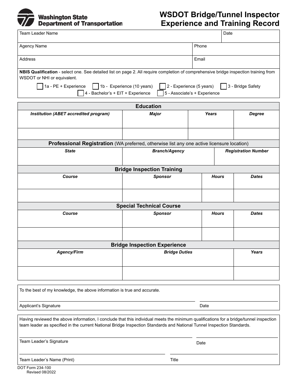 DOT Form 234-100 Wsdot Bridge / Tunnel Inspector Experience and Training Record - Washington, Page 1