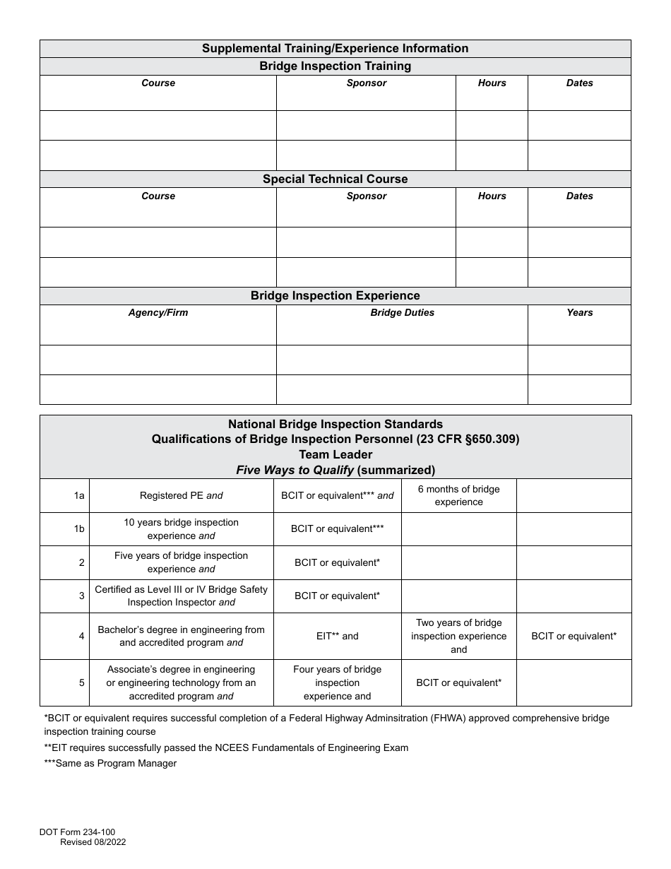 DOT Form 234-100 Wsdot Bridge / Tunnel Inspector Experience and Training Record - Washington, Page 2