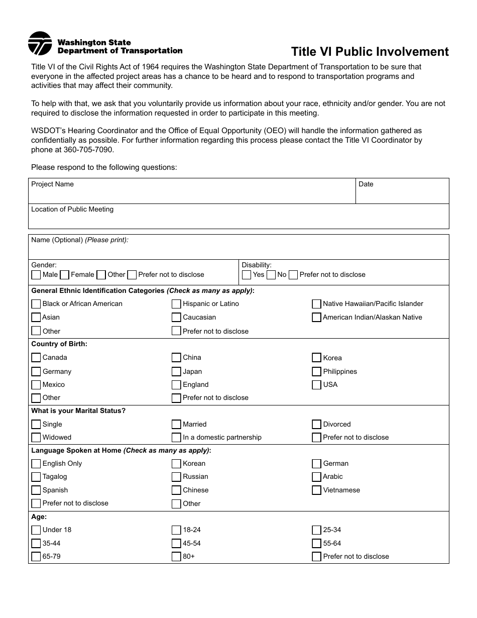 DOT Form 272-059 Title VI Public Involvement - Washington, Page 1