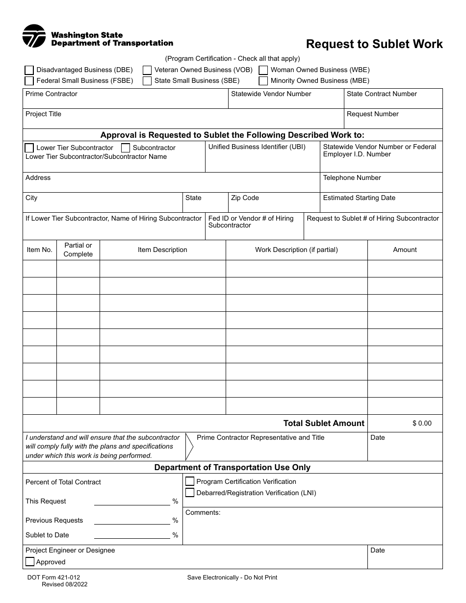 DOT Form 421-012 Request to Sublet Work - Washington, Page 1