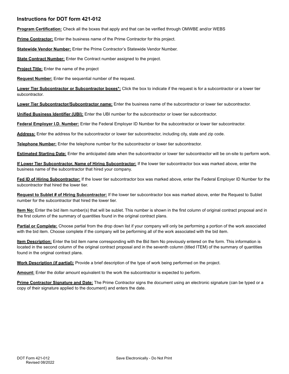 DOT Form 421-012 Request to Sublet Work - Washington, Page 3
