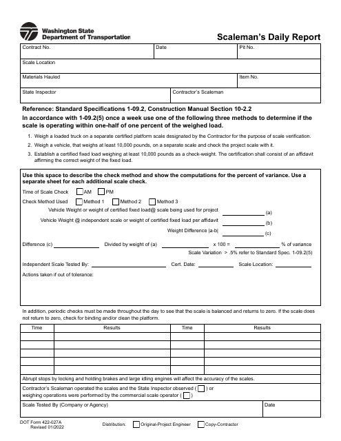 DOT Form 422-027A Scaleman's Daily Report - Washington