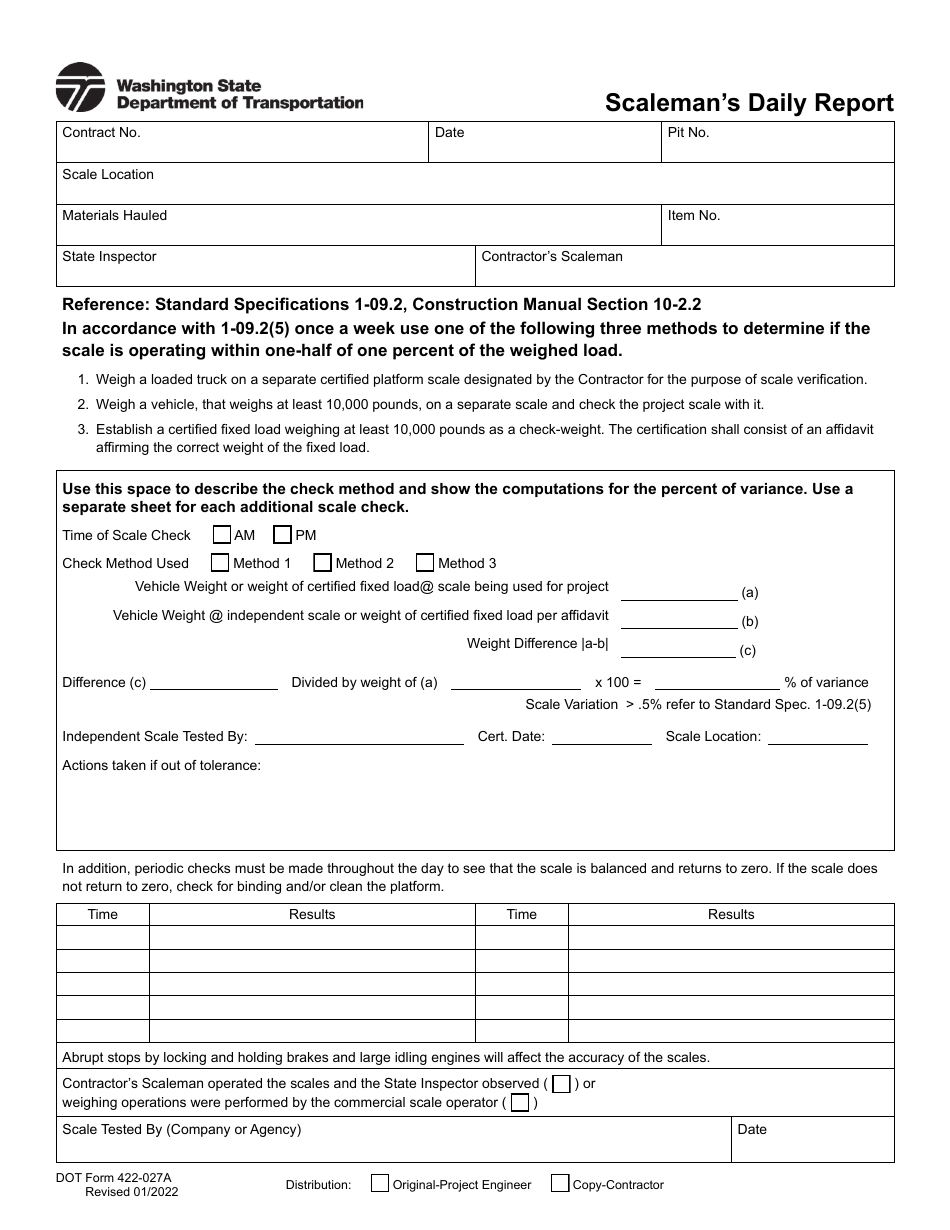 DOT Form 422-027A Scalemans Daily Report - Washington, Page 1