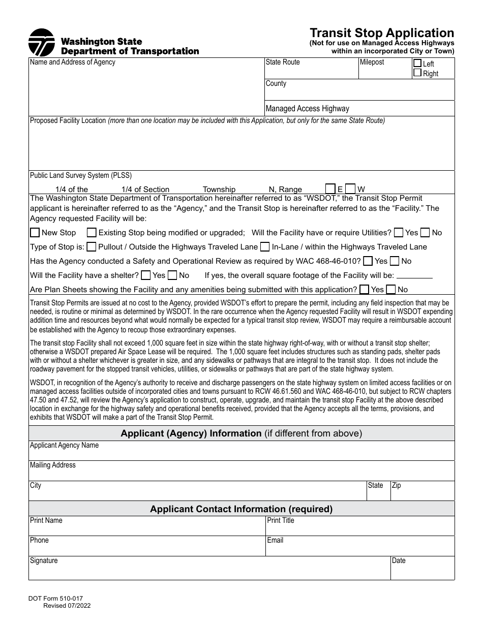 DOT Form 510-017 Transit Stop Application - Washington, Page 1