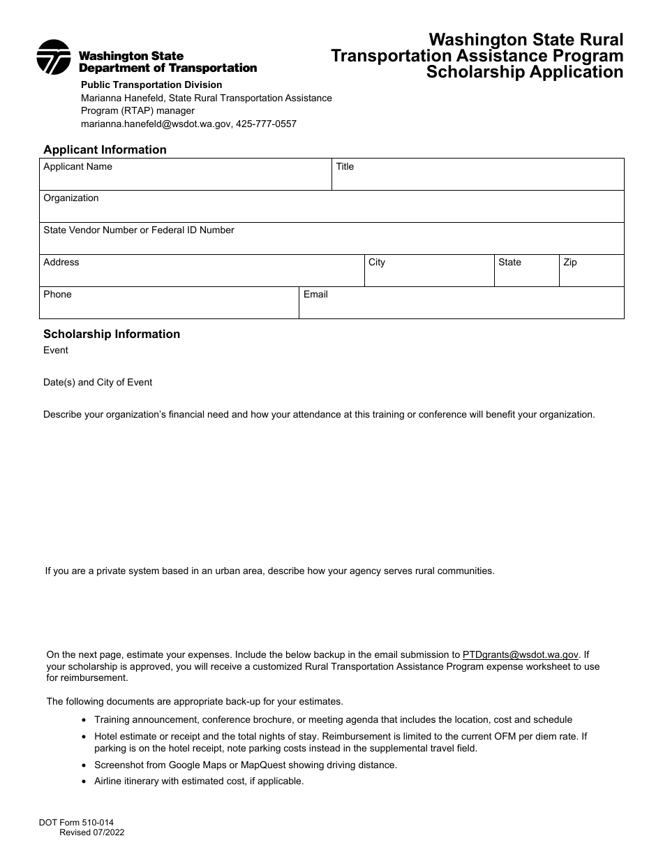 DOT Form 510-014 Scholarship Application - Washington State Rural Transportation Assistance Program - Washington, Page 1