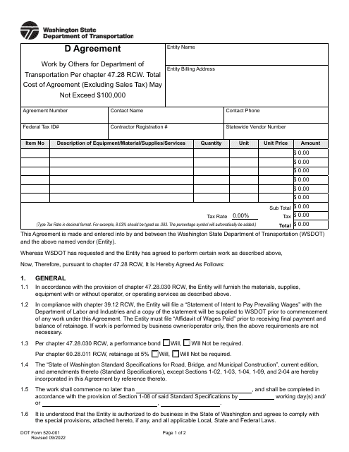 DOT Form 520-001 D Agreement - Washington