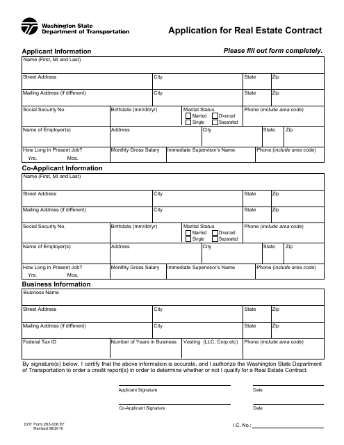 DOT Form 263-006 EF Application for Real Estate Contract - Washington