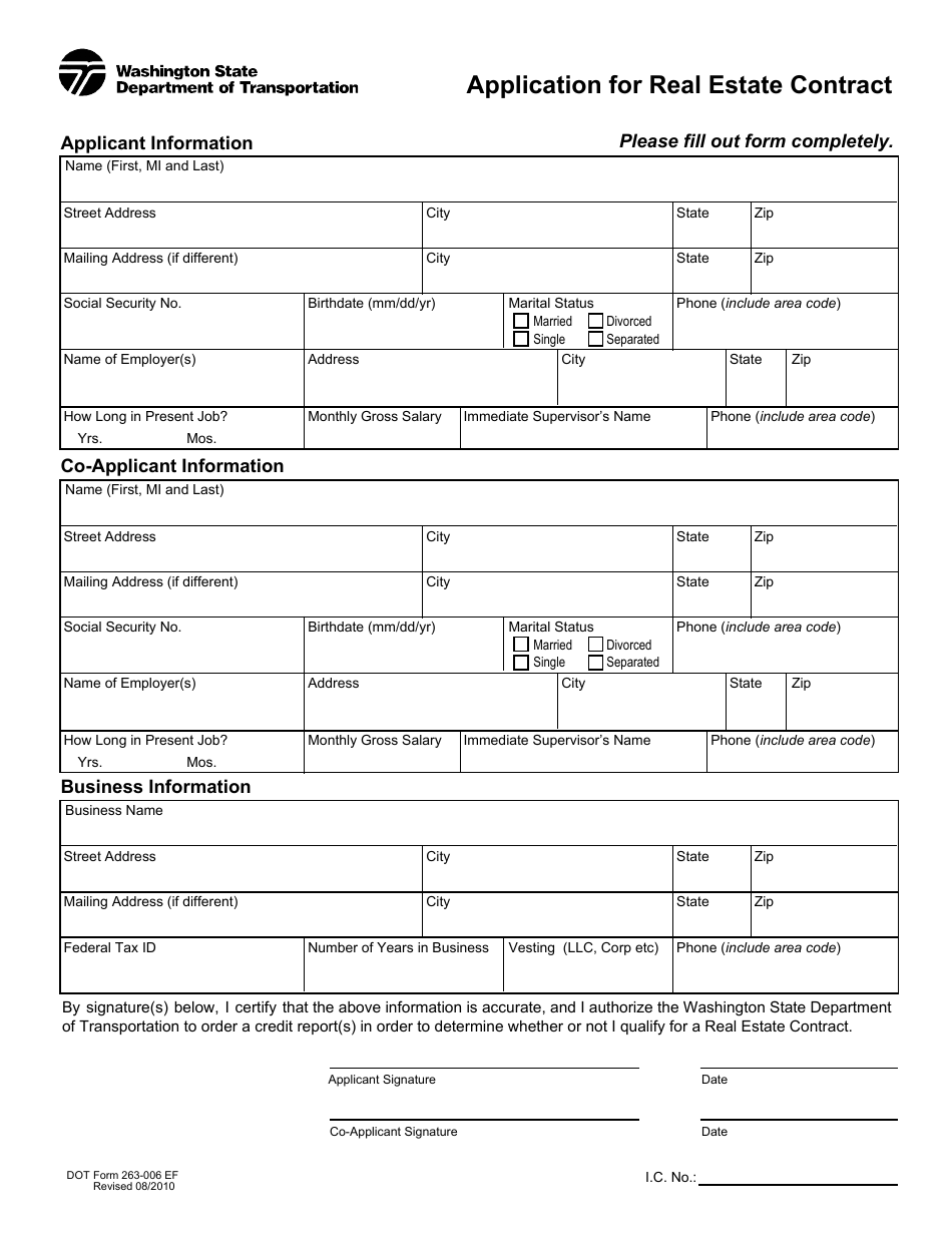 DOT Form 263-006 EF Application for Real Estate Contract - Washington, Page 1