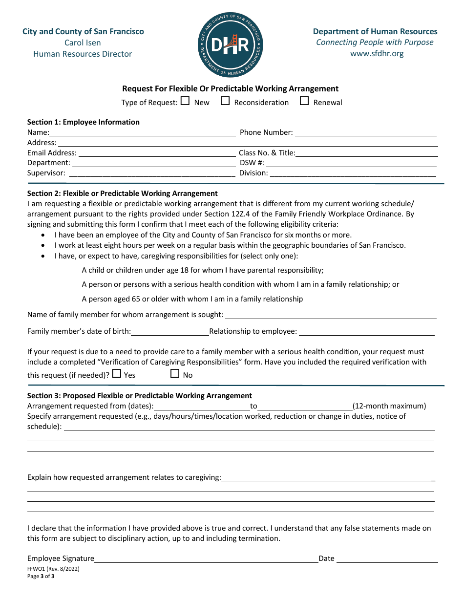 Form FFWO1 Request for Flexible or Predictable Working Arrangement - City and County of San Francisco, California, Page 3