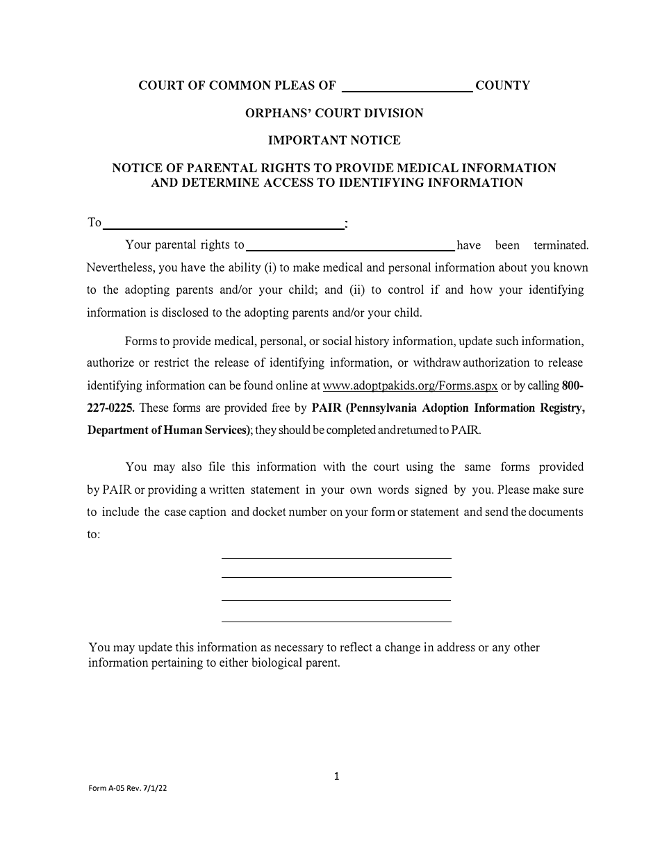 Form A-05 Notice of Parental Rights to Provide Medical Information and Determine Access to Identifying Information - Pennsylvania, Page 1