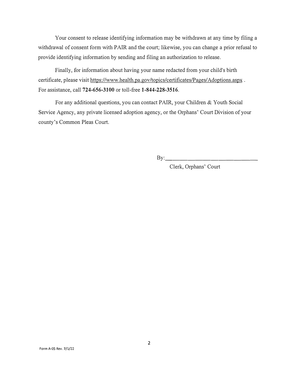 Form A-05 Notice of Parental Rights to Provide Medical Information and Determine Access to Identifying Information - Pennsylvania, Page 2