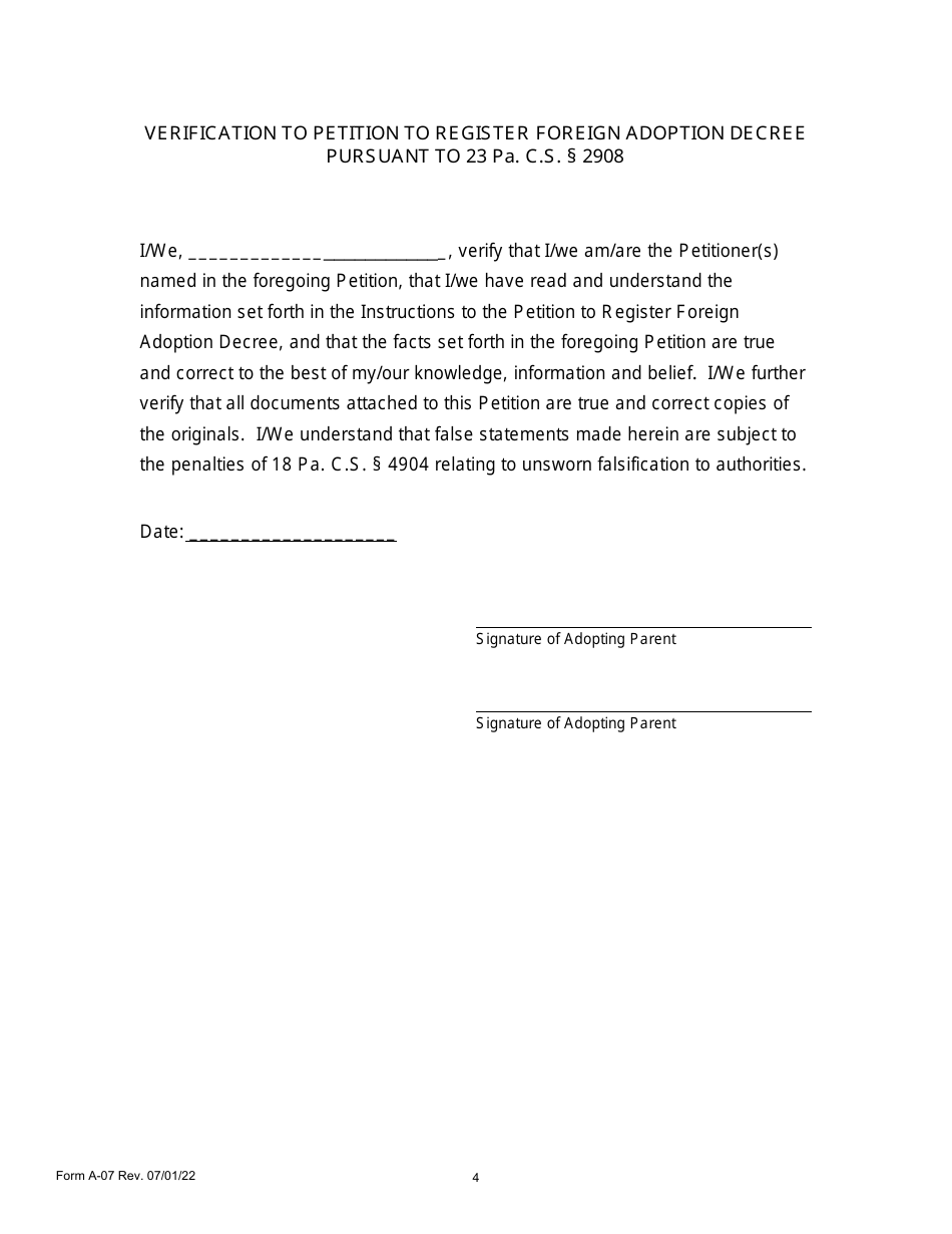 Form A-07 Petition to Register Foreign Adoption Decree Pursuant to 23 Pa. C.s. 2908 - Pennsylvania, Page 4